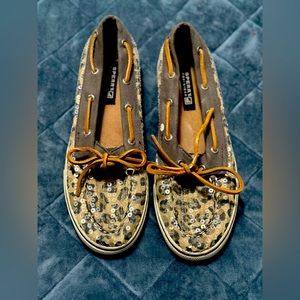 Sperry Canvas Leopard Print Sequin Boat Shoe Size 5.5 Women’s